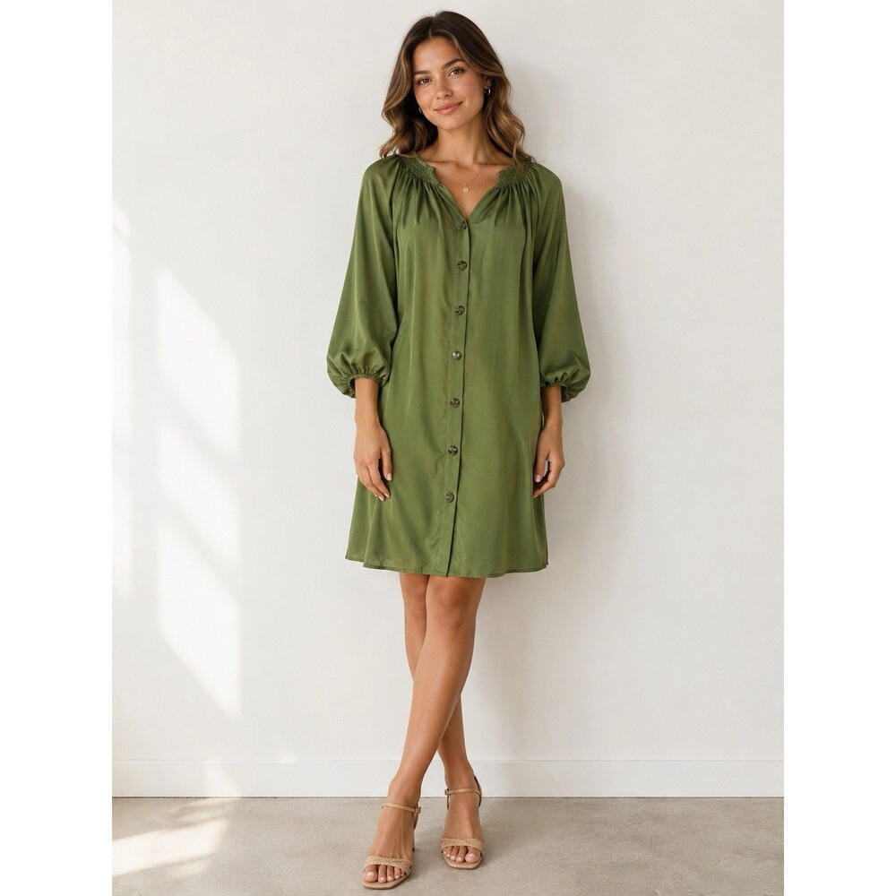 Tucker 100% Silk Button Front Olive Green Dress Balloon Sleeve Size Large